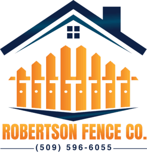 Robertson Fence co in Spokane, WA Logo for Robertson Fence Co, a trusted fence company, featuring an orange picket fence inside a dark blue house outline, with the company name and phone number (509) 596-6055 below in bold orange and blue text.
